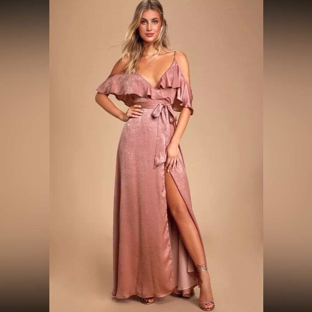 NWT LuLu’s Maxi Dress Moriah Rose Satin Wrap Ruffled Cold Shoulder Gown Size XL